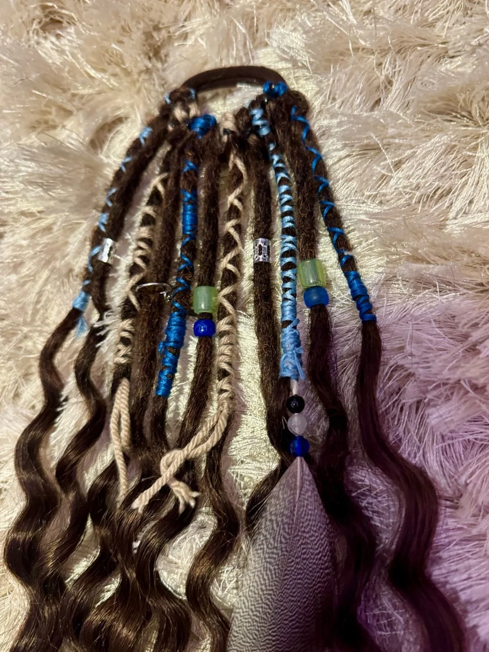 Boho Curly Brown Hair Extensions with Blue Bead Accents